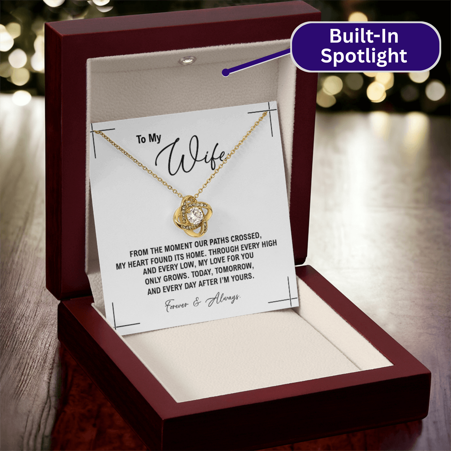 To My Wife - Anniversary, Birthday, Christmas Gold Love Knot Necklace With Heartfelt Message Card