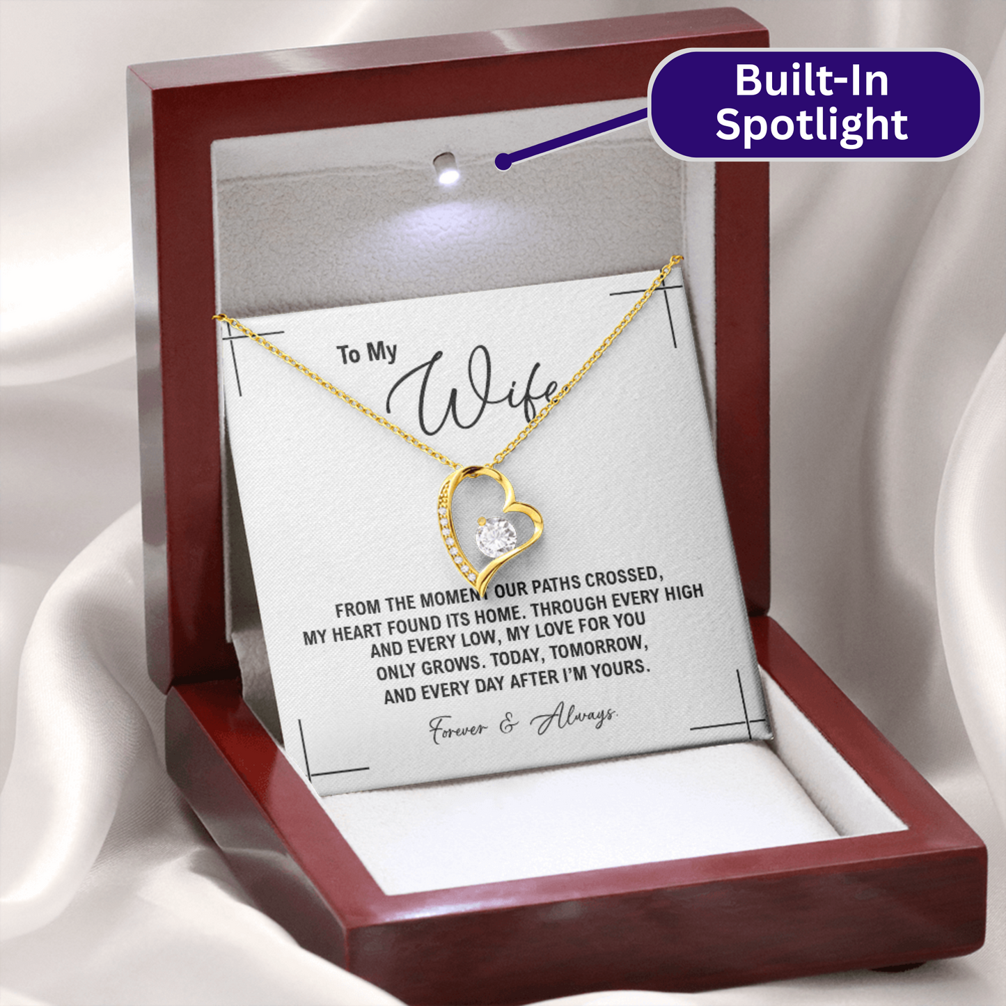 To My Wife - Birthday, Anniversary, Christmas Forever Love Gold Heart Necklace With Heartfelt Message Card