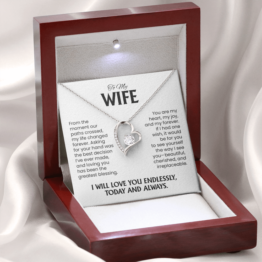 To My Wife Gift For Christmas, Anniversary, Birthday - Forever Love Gold Heart Pendant Necklace With Heartfelt Message Card