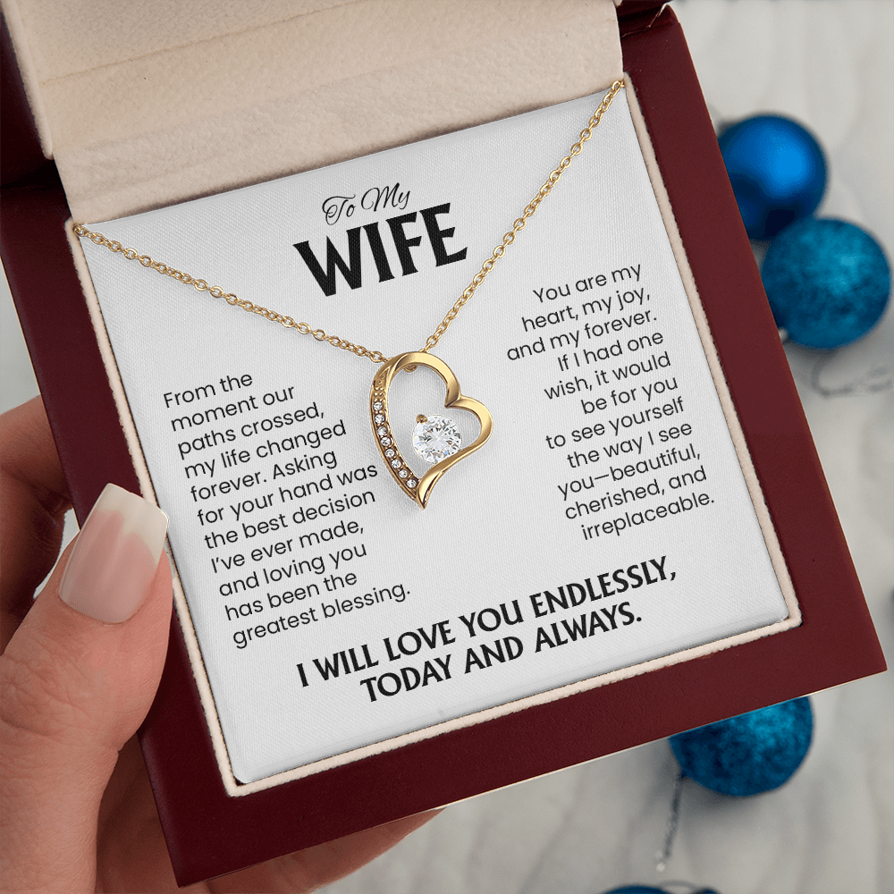 To My Wife Gift For Christmas, Anniversary, Birthday - Forever Love Gold Heart Pendant Necklace With Heartfelt Message Card
