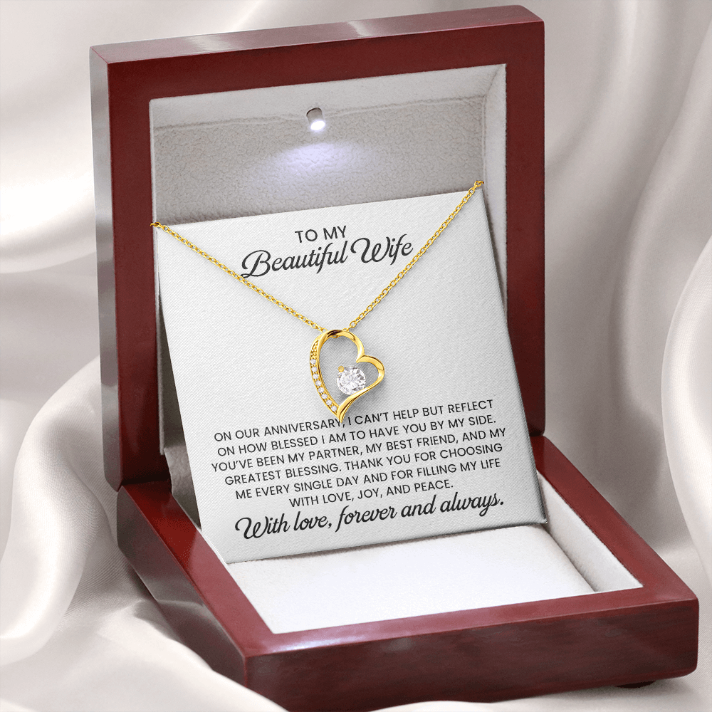 Beautiful Wife Anniversary Gift, Forever Love Gold Pendant Necklace With Heartfelt Message Card