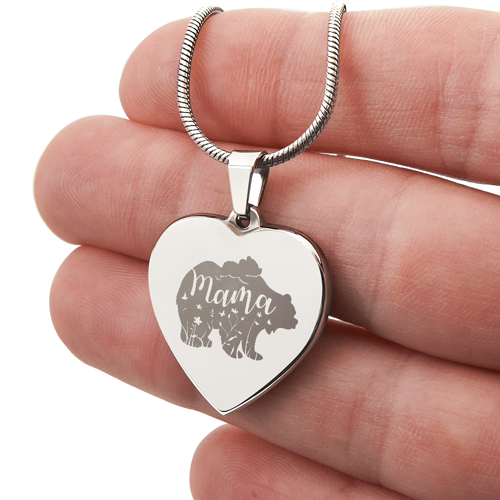 Mama Bear Engraved Gold Heart Necklace With Personalized Message