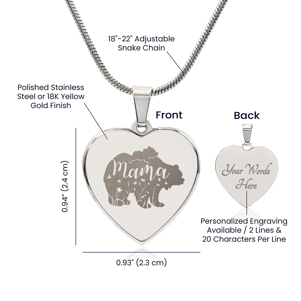 Mama Bear Engraved Gold Heart Necklace With Personalized Message