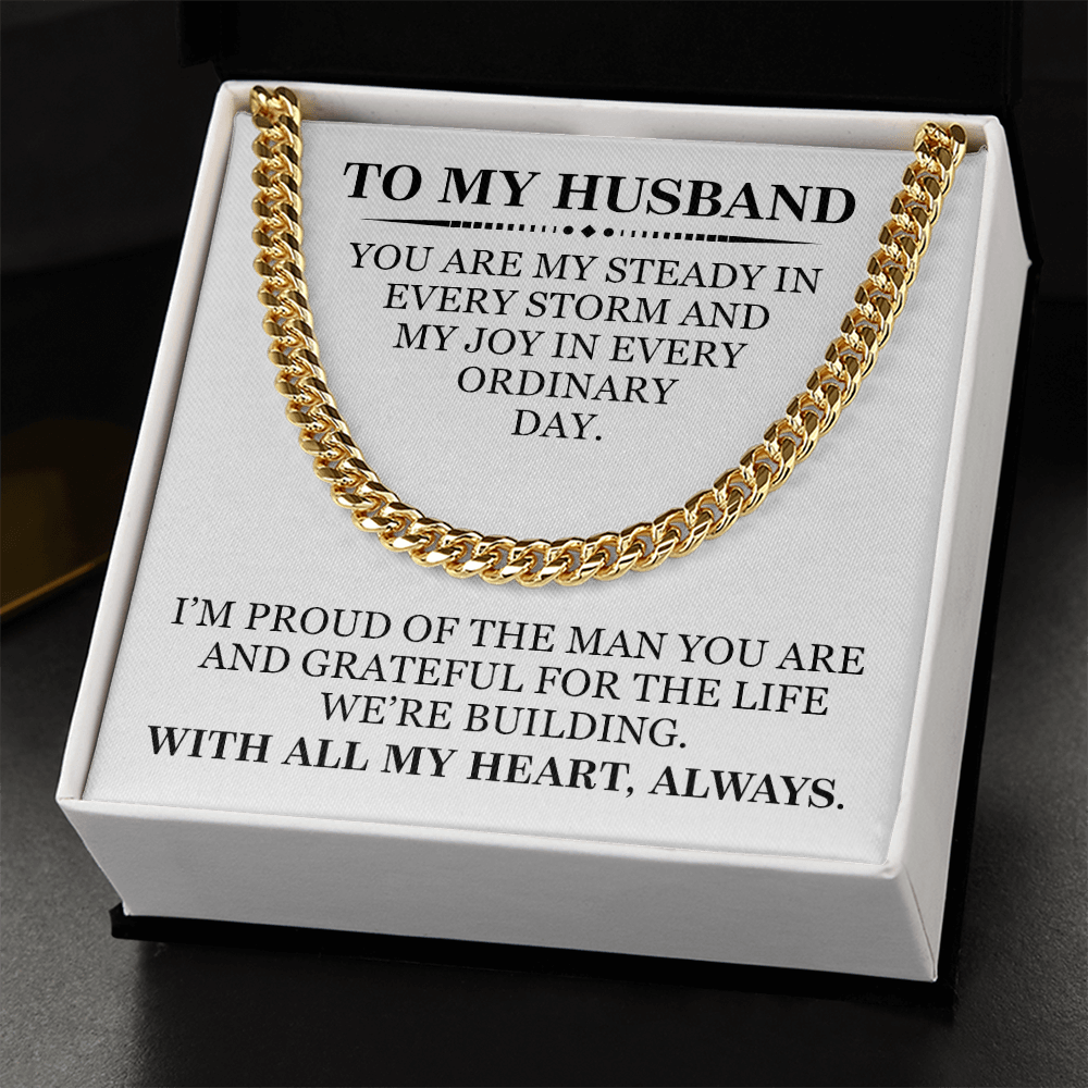 To My Husband Love Gift - Christmas, Anniversary, Birthday Men's Gold Cuban Chain With Heartfelt Message Card