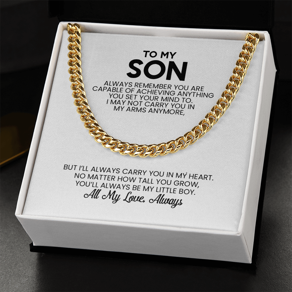 To My Son Gift For Christmas, Birthday, Graduation - Cuban Link Chain In Gold Or Stainless Steel With Heartfelt Message Card