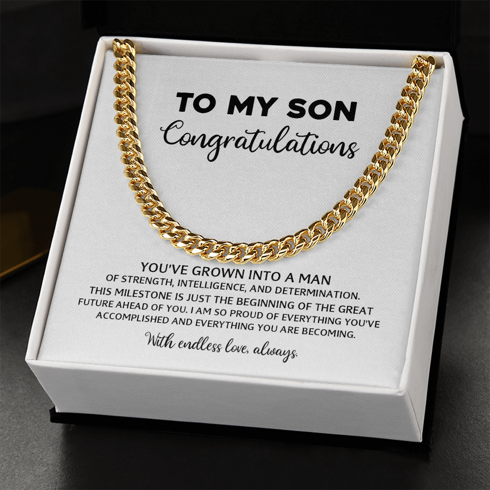 To My Son - High School or College Graduation Gift From Mom or Dad, Men's Cuban Chain Necklace With Heartfelt Message Card