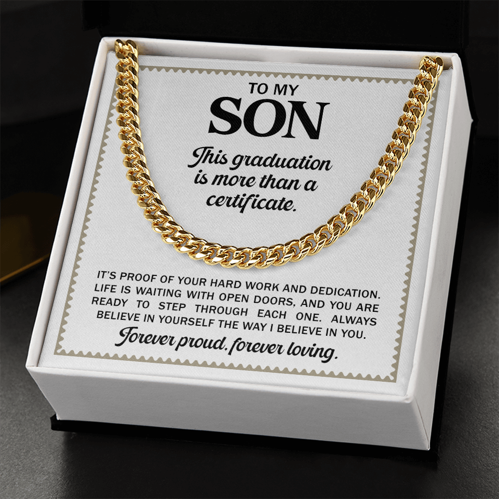 To My Son - High School Or College Graduation Gift From Mom Or Dad, Gold Cuban Chain Necklace With Heartfelt Message Card