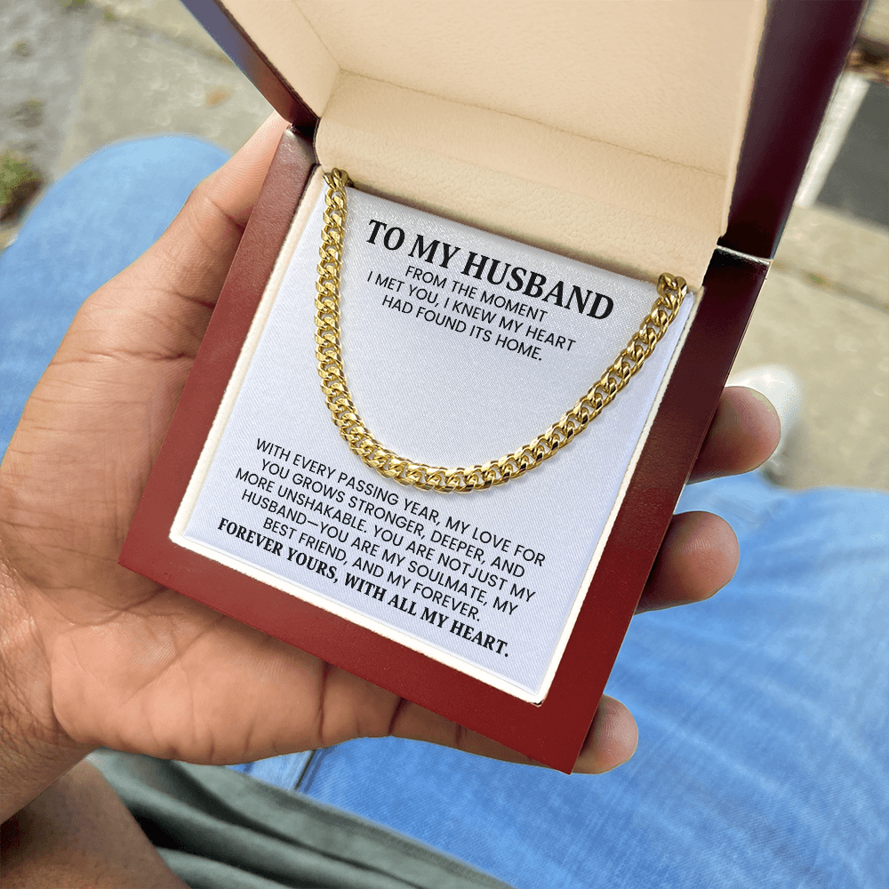 To My Husband - Christmas, Anniversary, Birthday Gift, Adjustable Cuban Chain Gold Necklace With Heartfelt Message Card