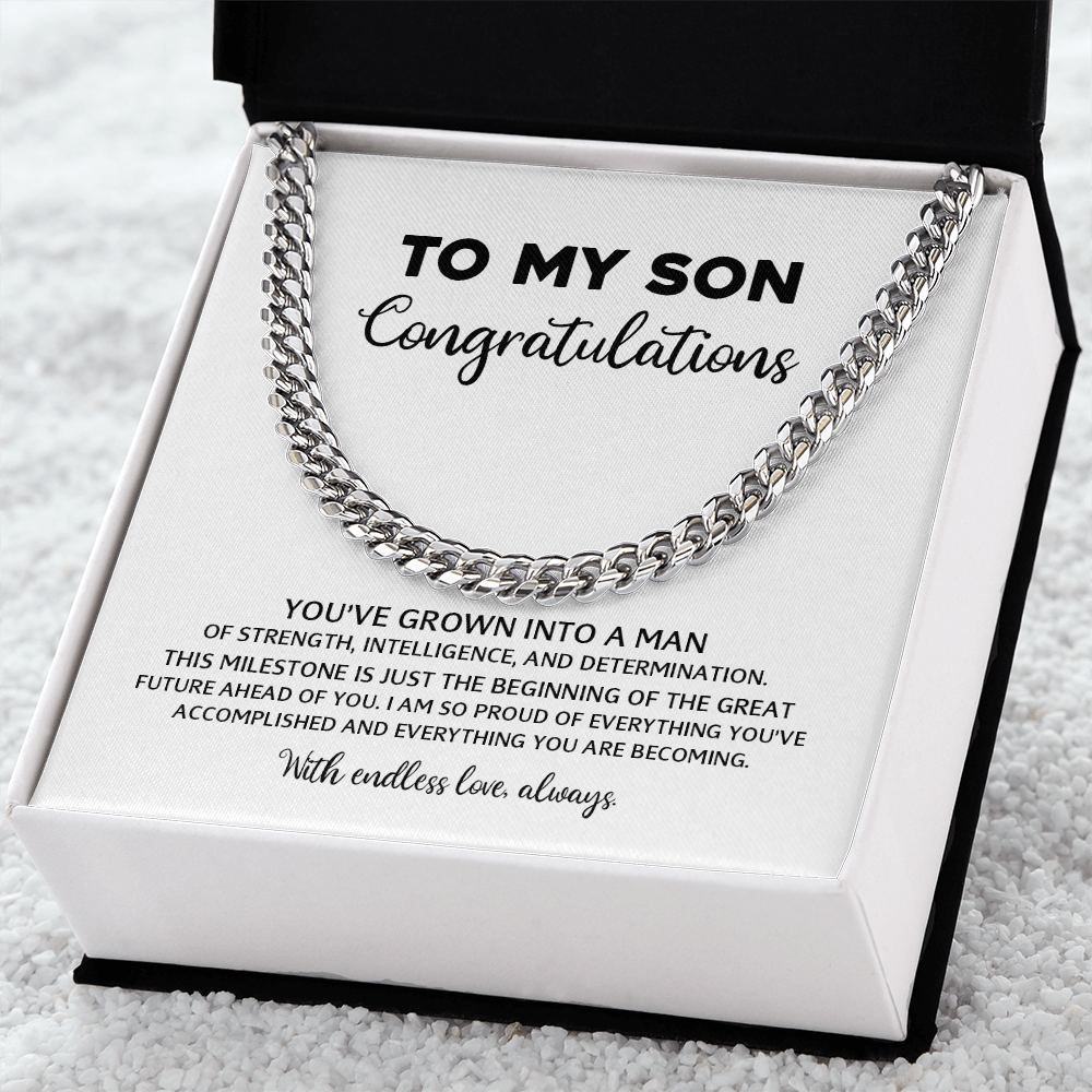 To My Son - High School or College Graduation Gift From Mom or Dad, Men's Cuban Chain Necklace With Heartfelt Message Card