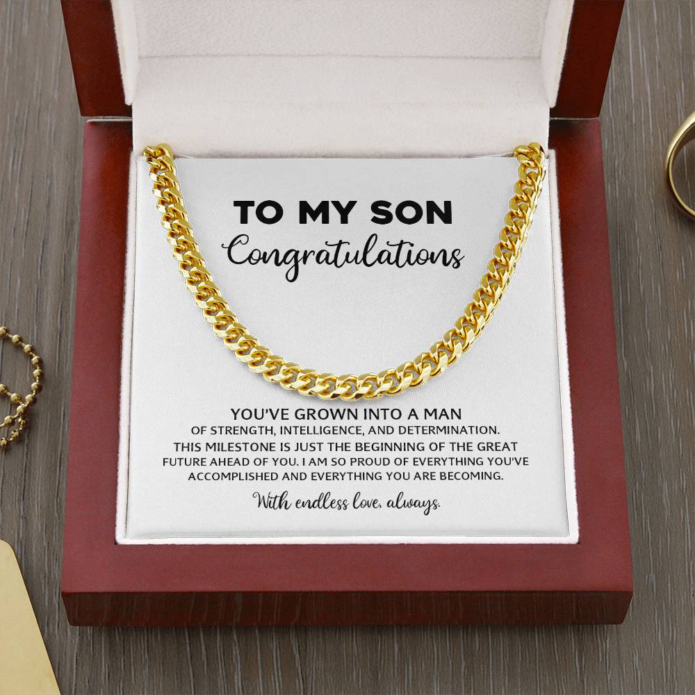 To My Son - Graduation, New Job, Special Occasion Gift Steel Or Gold Cuban Chain With Heartfelt Message Card