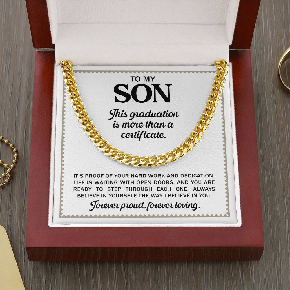 To My Son - High School Or College Graduation Gift From Mom Or Dad, Gold Cuban Chain Necklace With Heartfelt Message Card