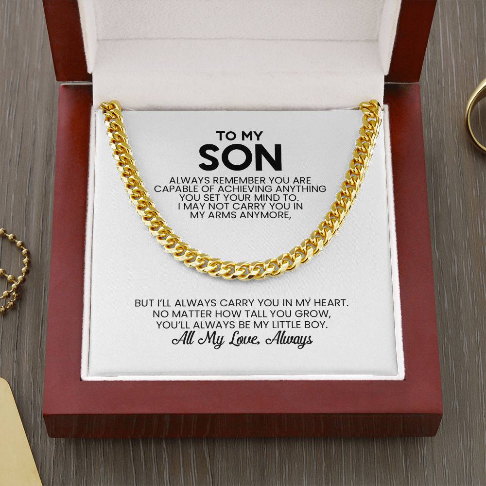 To My Son Gift For Christmas, Birthday, Graduation - Cuban Link Chain In Gold Or Stainless Steel With Heartfelt Message Card