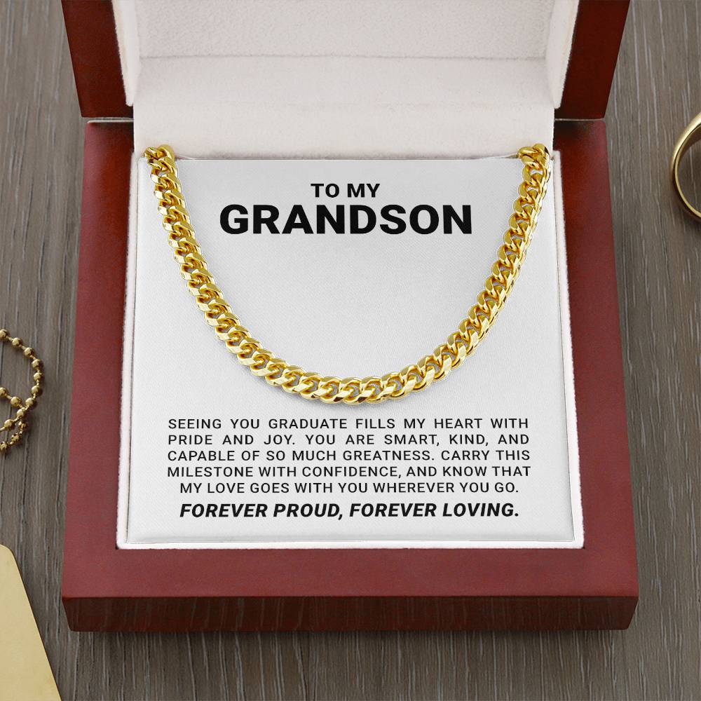 To My Grandson - Graduation Special Occasion Gold Cuban Link Necklace With Heartfelt Message Card