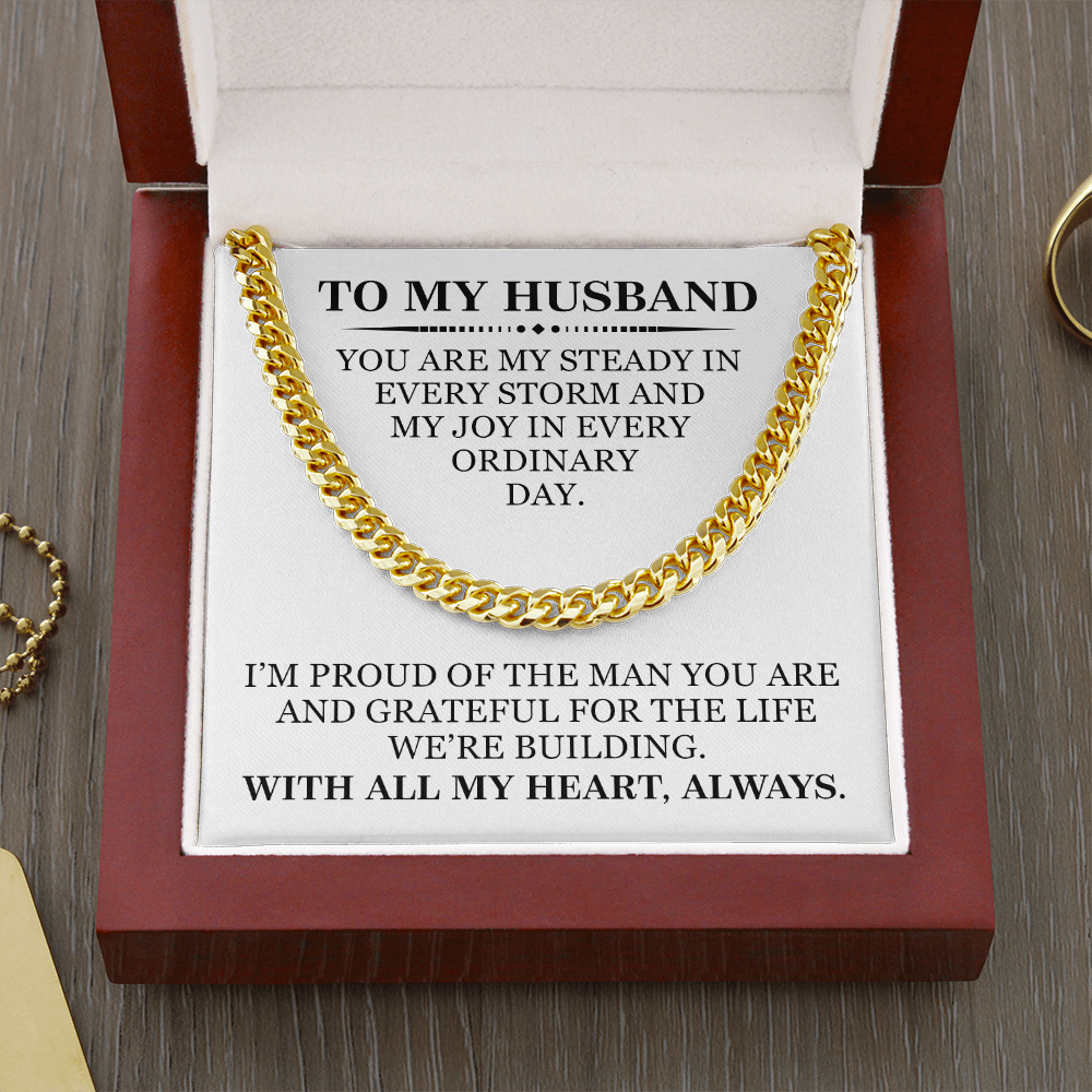 To My Husband Love Gift - Christmas, Anniversary, Birthday Men's Gold Cuban Chain With Heartfelt Message Card