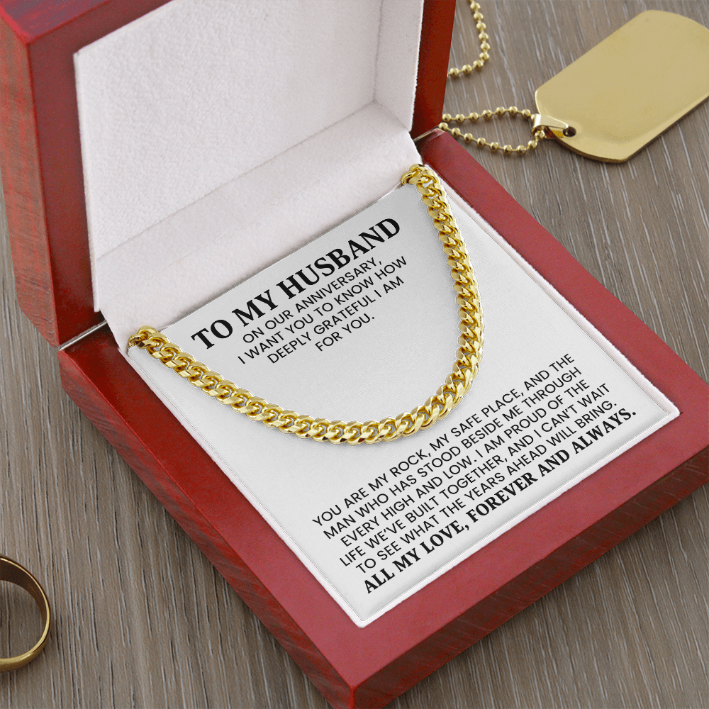 To My Husband Anniversary Gift - Cuban Chain Gold Necklace With Heartfelt Message Card