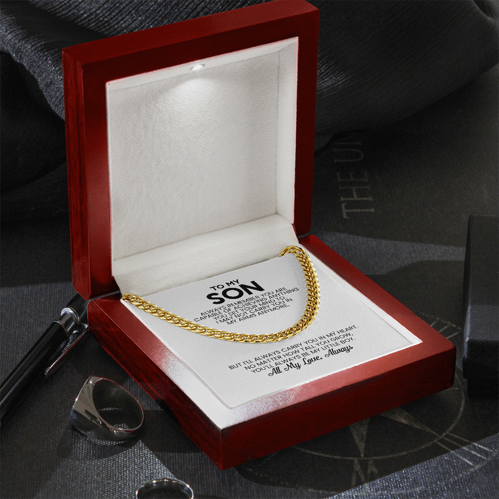 To My Son Gift For Christmas, Birthday, Graduation - Cuban Link Chain In Gold Or Stainless Steel With Heartfelt Message Card