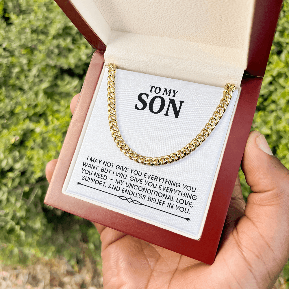 To My Son Christmas, Birthday Gift - Cuban Chain Gold Necklace With Heartfelt Message Card