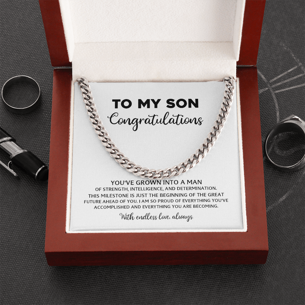 To My Son - Graduation, New Job, Special Occasion Gift Steel Or Gold Cuban Chain With Heartfelt Message Card