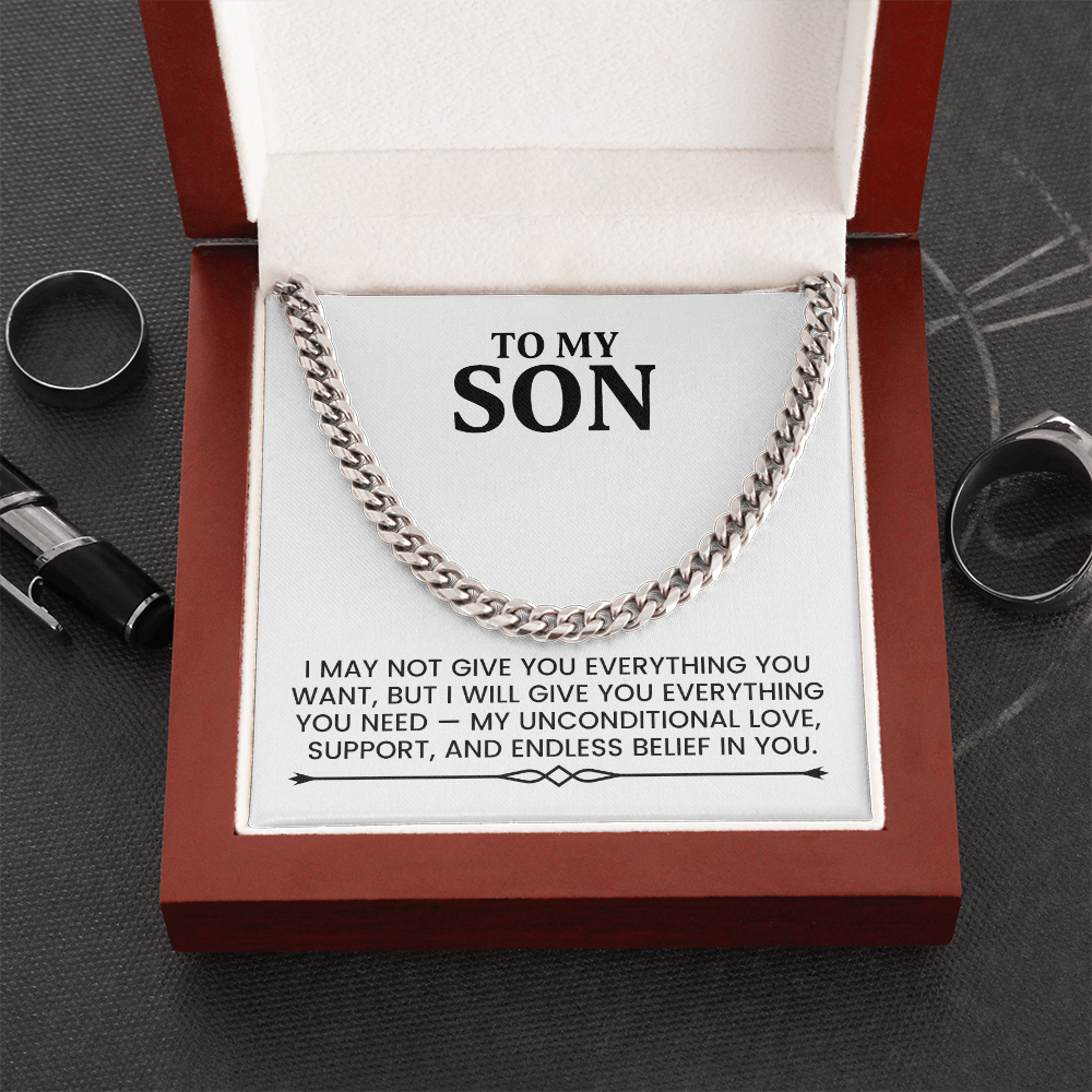 To My Son Christmas, Birthday Gift - Cuban Chain Gold Necklace With Heartfelt Message Card