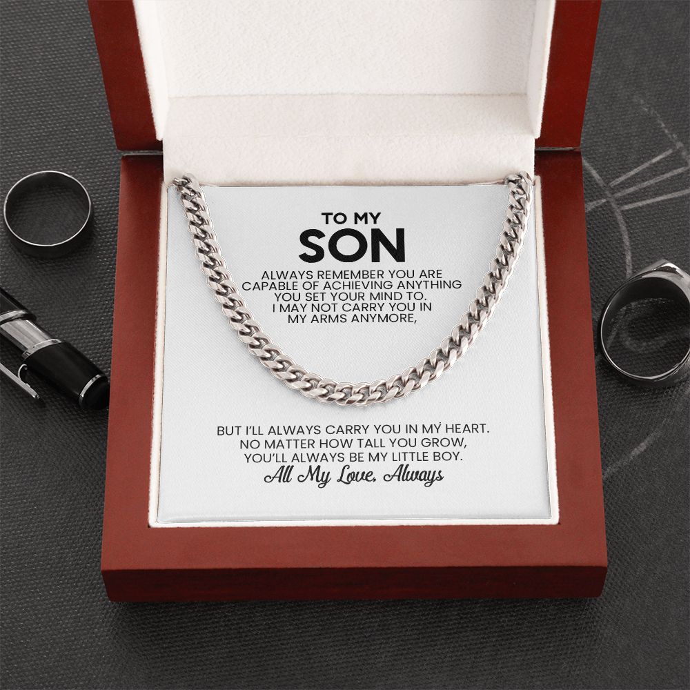 To My Son Gift For Christmas, Birthday, Graduation - Cuban Link Chain In Gold Or Stainless Steel With Heartfelt Message Card