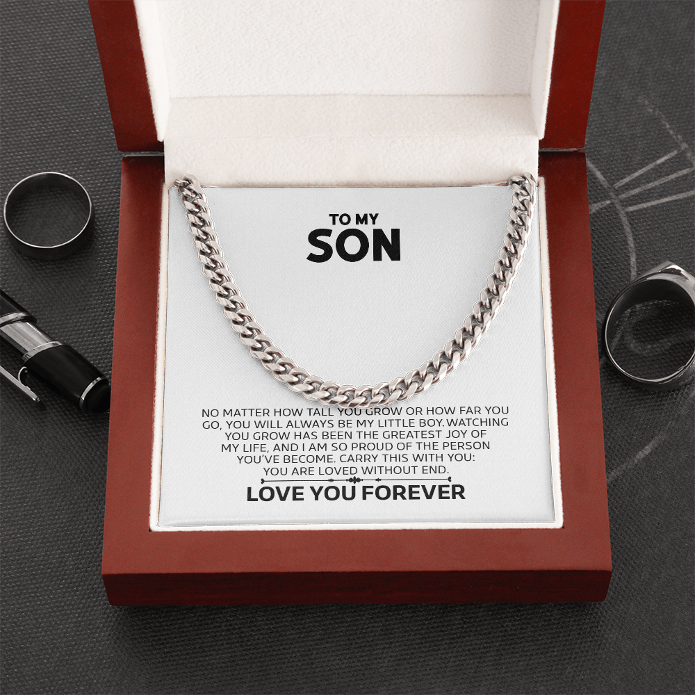 To My Son Gift For Christmas, Birthday, Graduation - Adjustable Cuban Chain In Gold Or Stainless Steel With Heartfelt Message Card