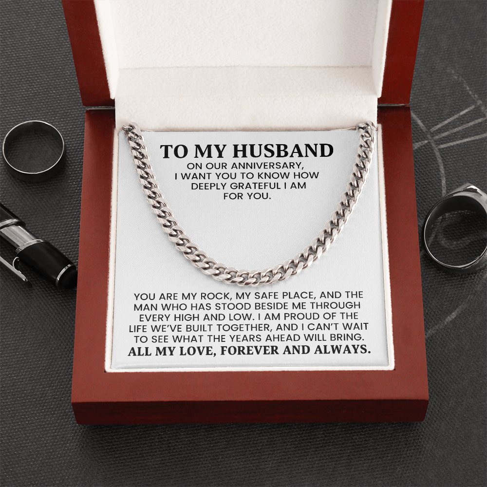 To My Husband Anniversary Gift - Cuban Chain Gold Necklace With Heartfelt Message Card