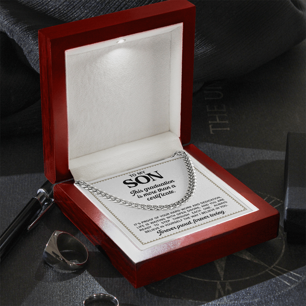 To My Son - High-School or University Graduation Gold Cuban Chain Necklace With Heartfelt Message Card