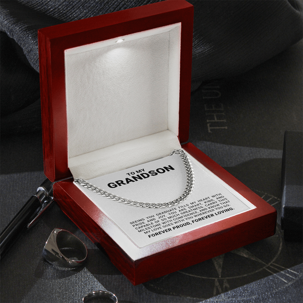 To My Grandson - Graduation Special Occasion Gold Cuban Link Necklace With Heartfelt Message Card