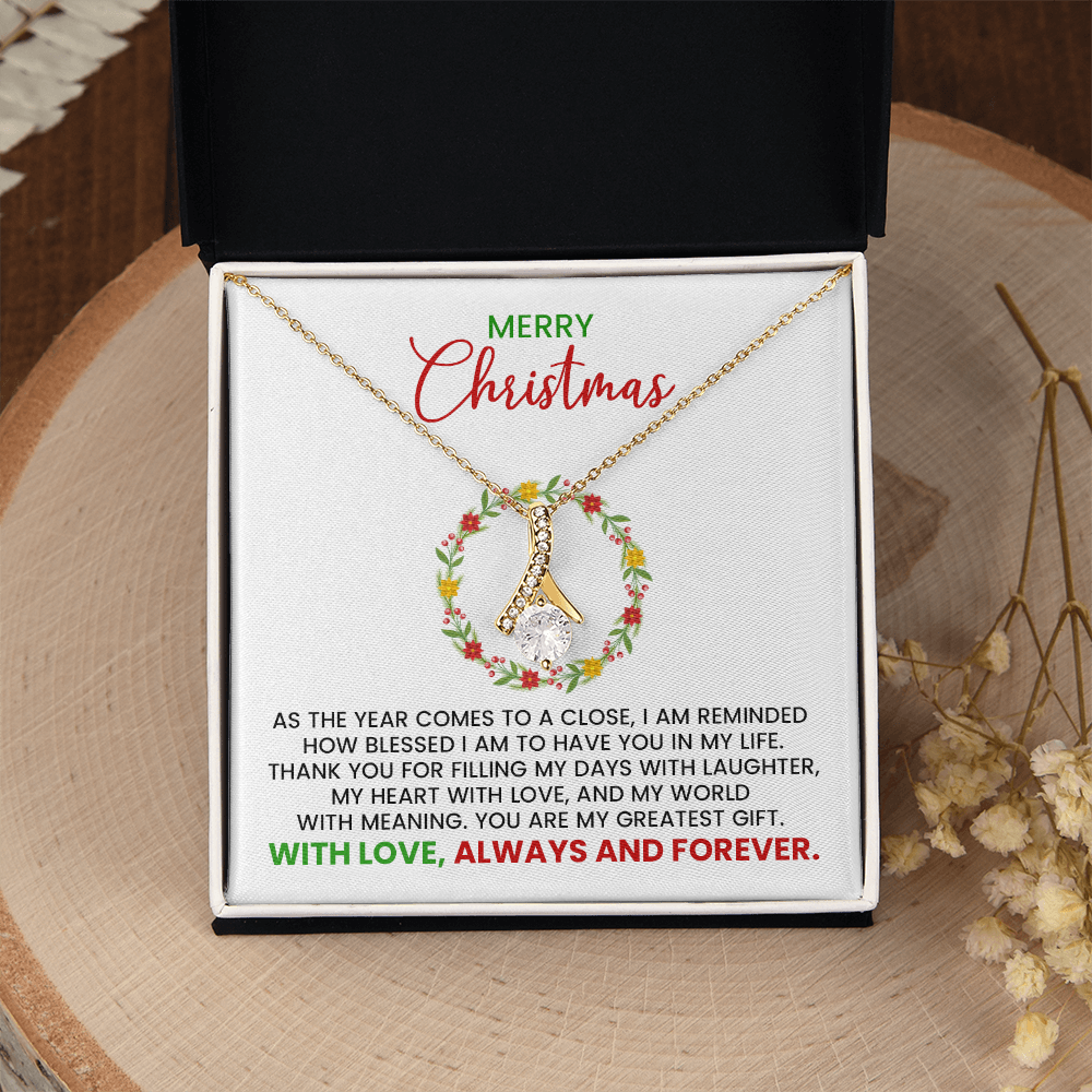 Merry Christmas Wife, Girlfriend, Soulmate Alluring Beauty Gold Pendant Necklace With Heartfelt Message Card