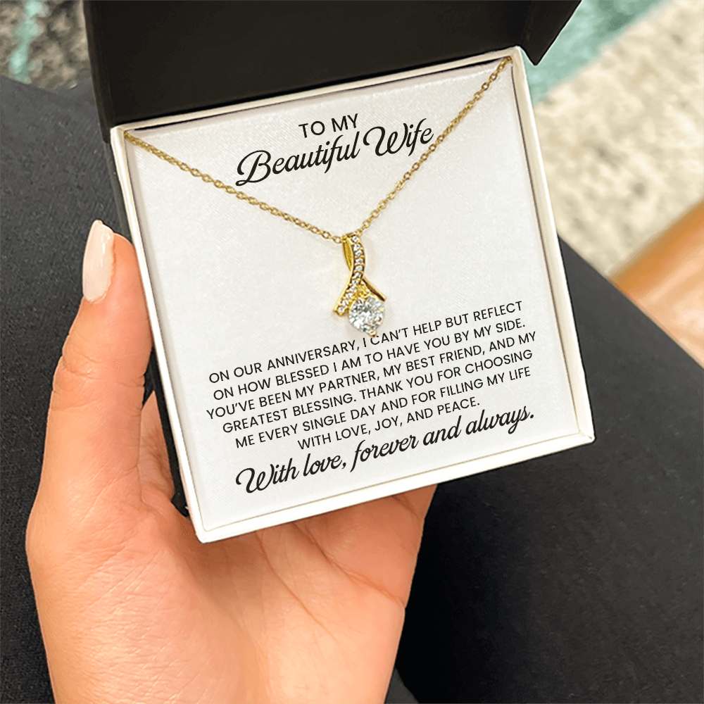 Beautiful Wife Anniversary Gift, Alluring Beauty Gold Pendant Necklace With Heartfelt Message Card