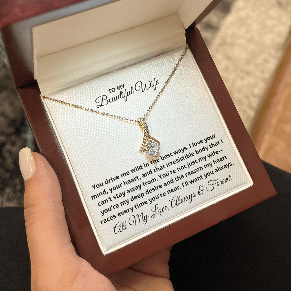 To My Beautiful Wife - Christmas, Anniversary, Birthday Gift, Alluring Beauty Gold Pendant Necklace With Heartfelt Message Card