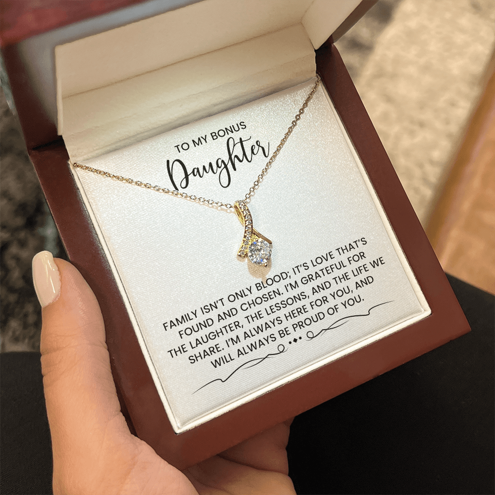My Bonus Daughter - Christmas, Birthday, Special Occasion Alluring Beauty Gold Pendant Necklace With Heartfelt Message Card