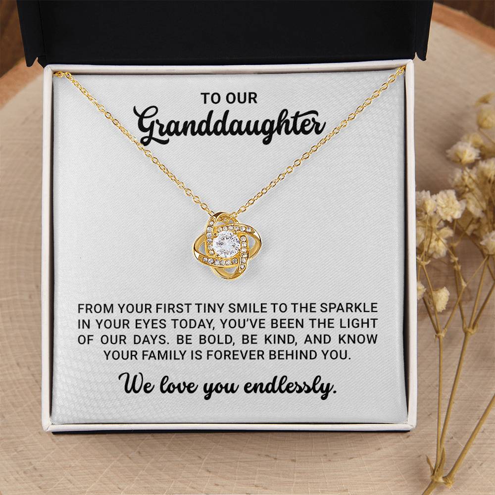 To Our Granddaughter - Birthday, Christmas, Graduation Love Knot Gold Pendant Necklace With Heartfelt Message Card
