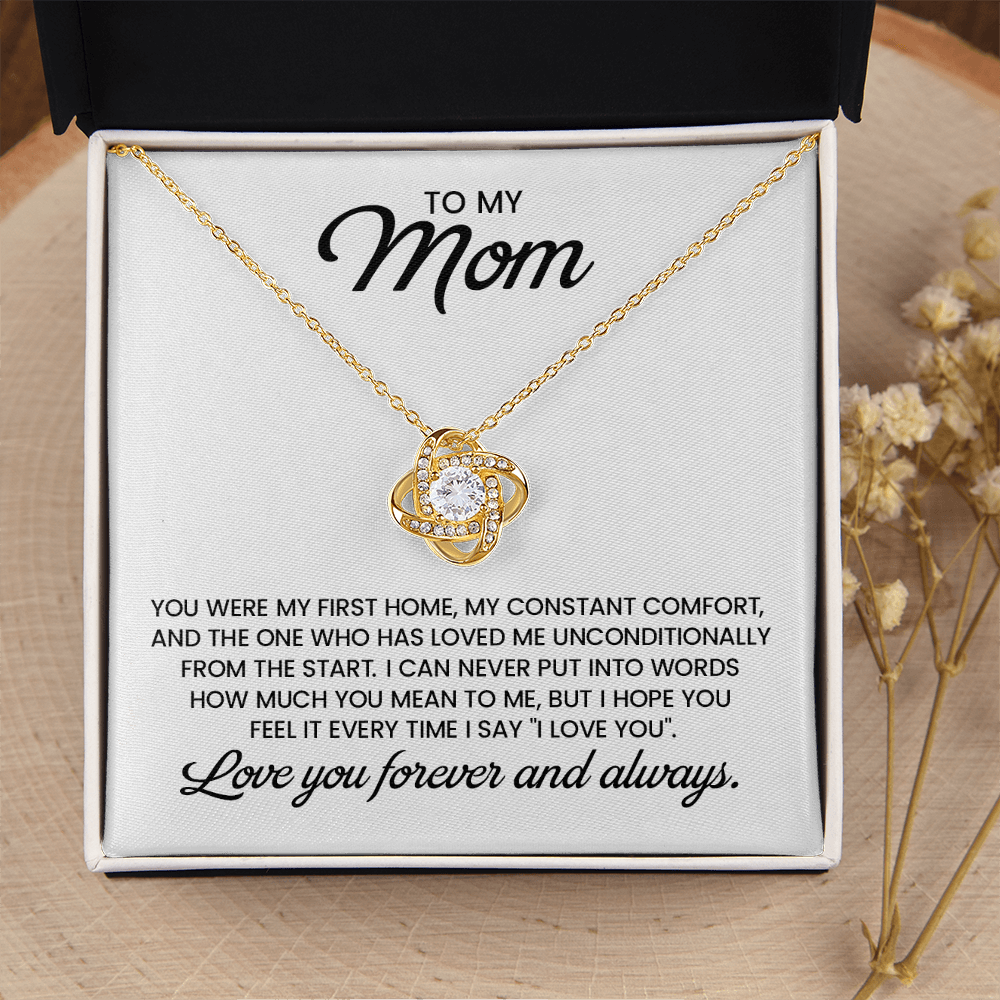 To My Mom Gift For Christmas, Birthday, Mother's Day - Love Knot Gold Pendant Necklace With Heartfelt Message Card