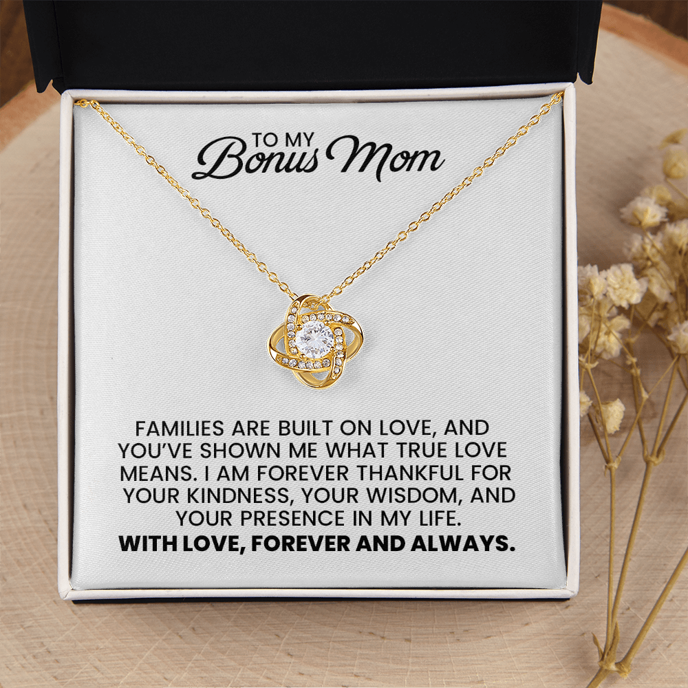 Bonus Mom Gift For Christmas, Birthday, Mother's Day - Love Knot Gold Pendant Necklace With Heartfelt Message Card