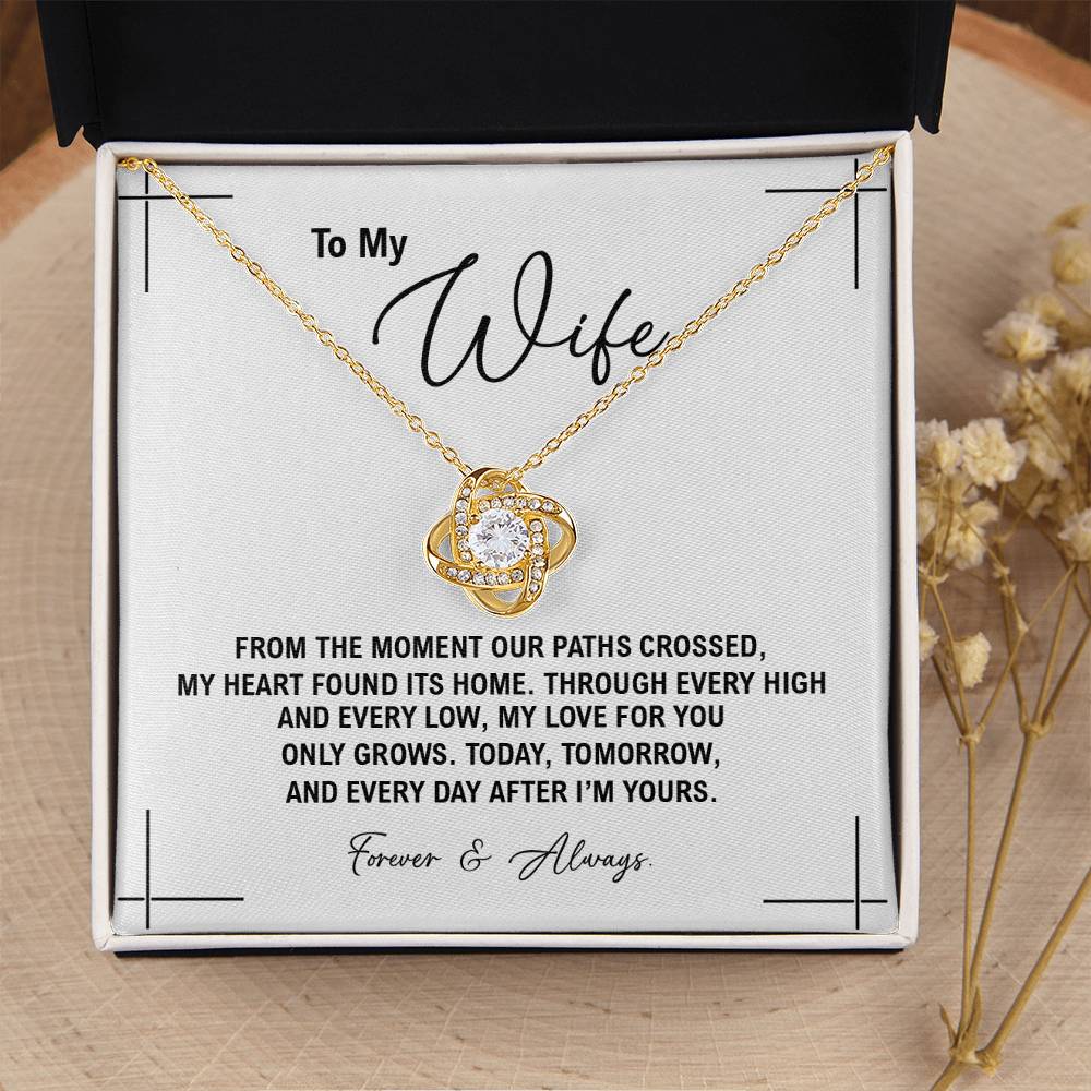 To My Wife - Anniversary, Birthday, Christmas Gold Love Knot Necklace With Heartfelt Message Card