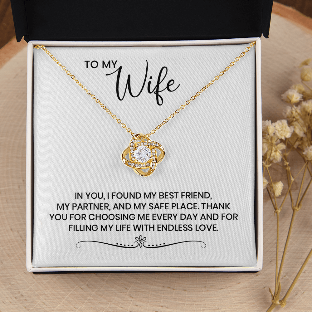 To My Wife - Christmas, Anniversary, Birthday Gift, Love Knot Gold Pendant Necklace With Heartfelt Message Card