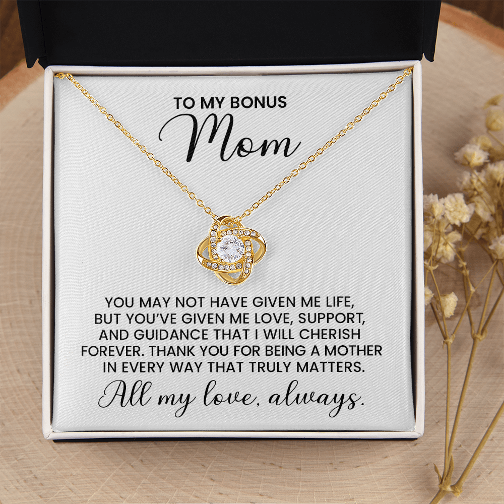 Bonus Mom Gift For Christmas, Birthday, Special Occasion - Love Knot Gold Pendant Necklace With Heartfelt Message Card