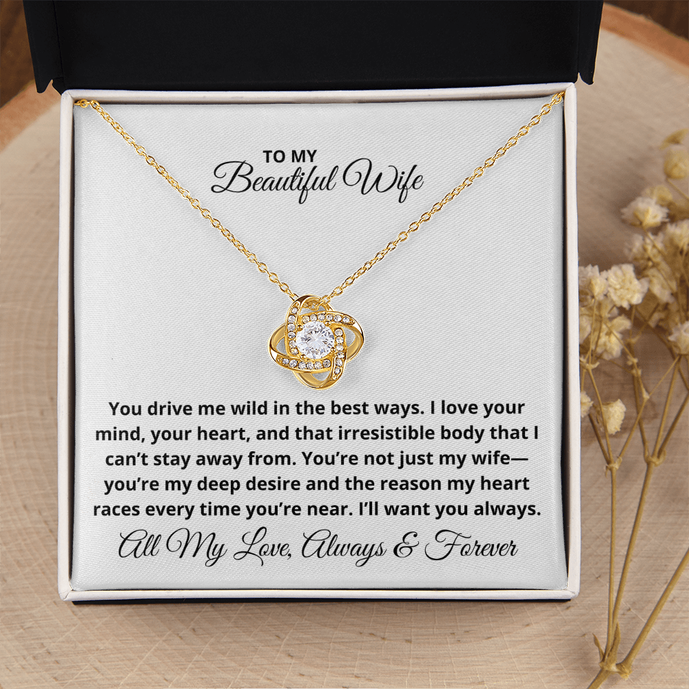 To My Beautiful Wife - Christmas, Anniversary, Birthday Gift, Love Knot Gold Pendant Necklace With Heartfelt Message Card