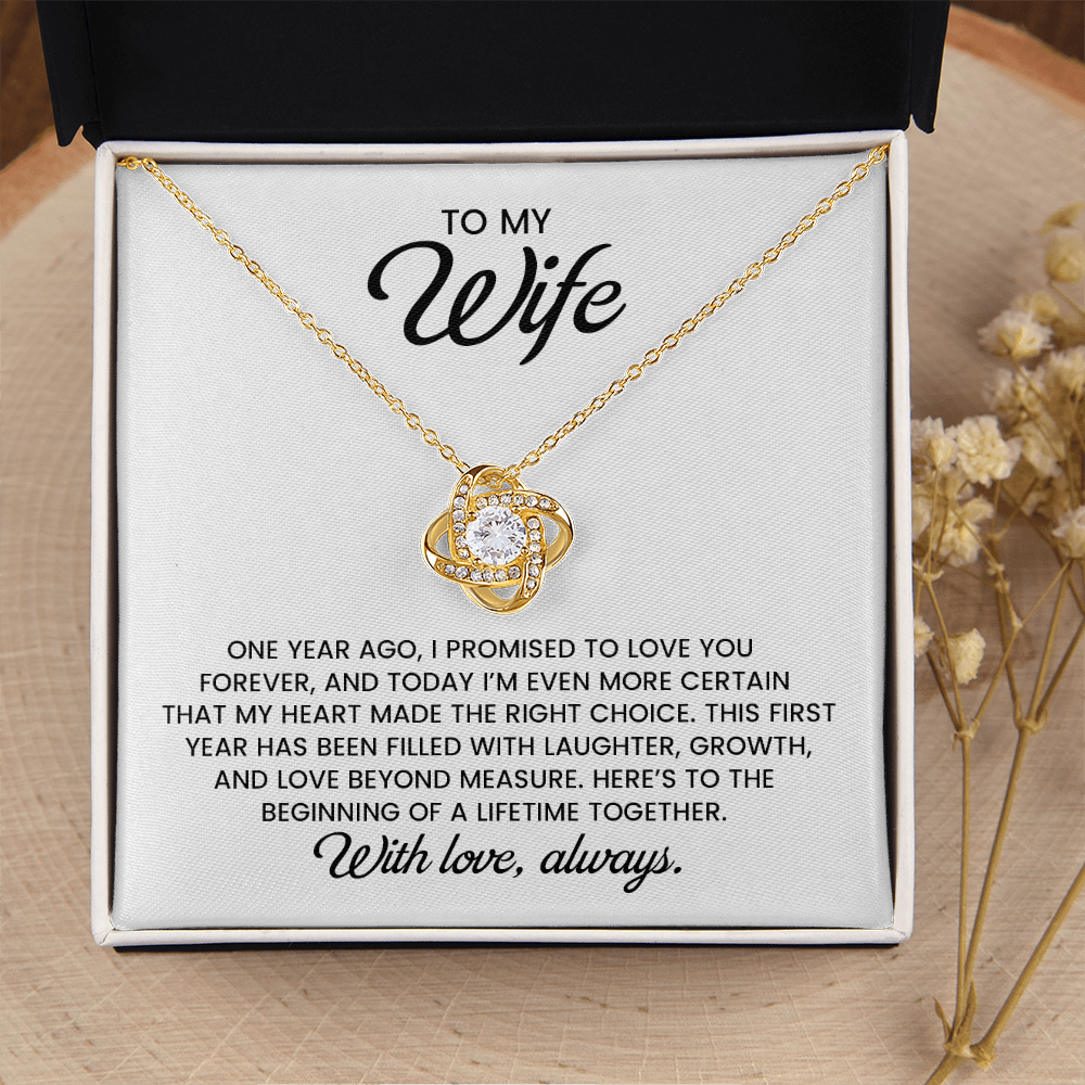 To My Wife, 1st Anniversary Gift Love Knot Gold Pendant Necklace With Heartfelt Message Card