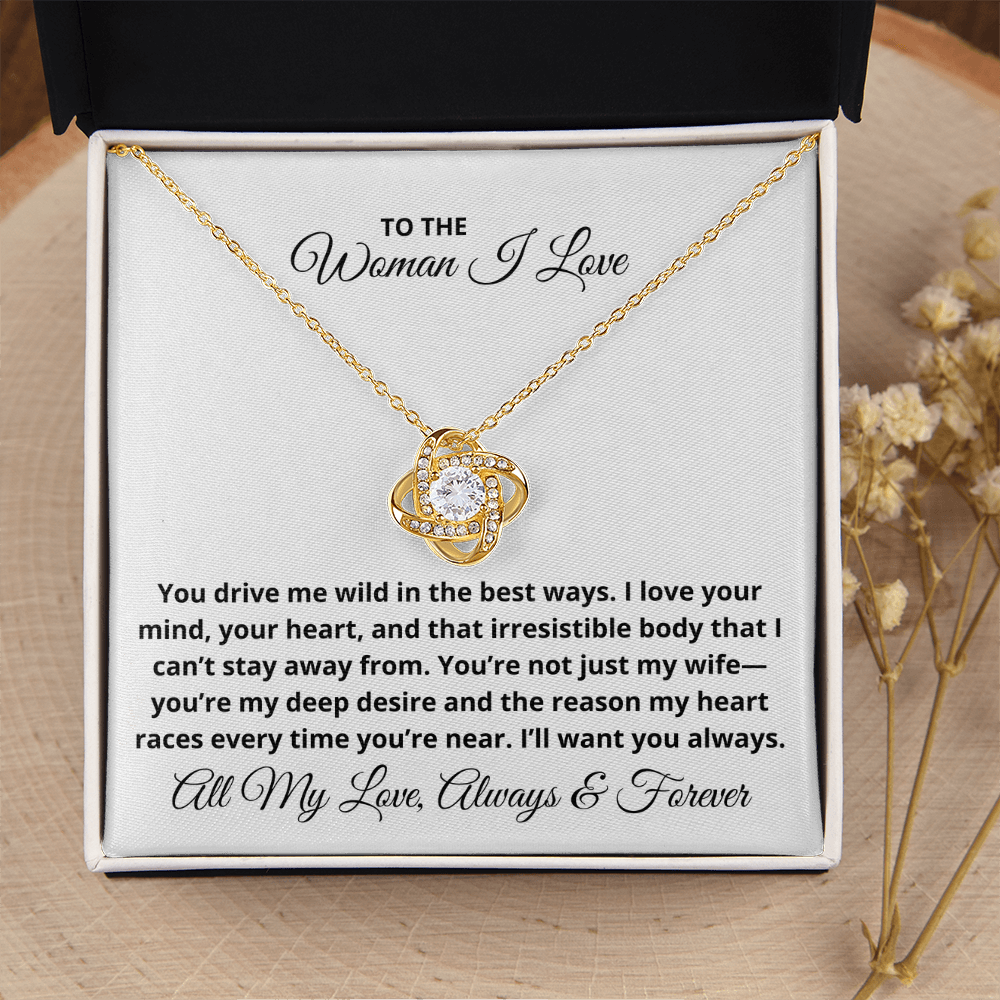 To The Woman I Love - Christmas, Anniversary, Birthday Gift, Love Knot Gold Pendant Necklace With Heartfelt Message Card