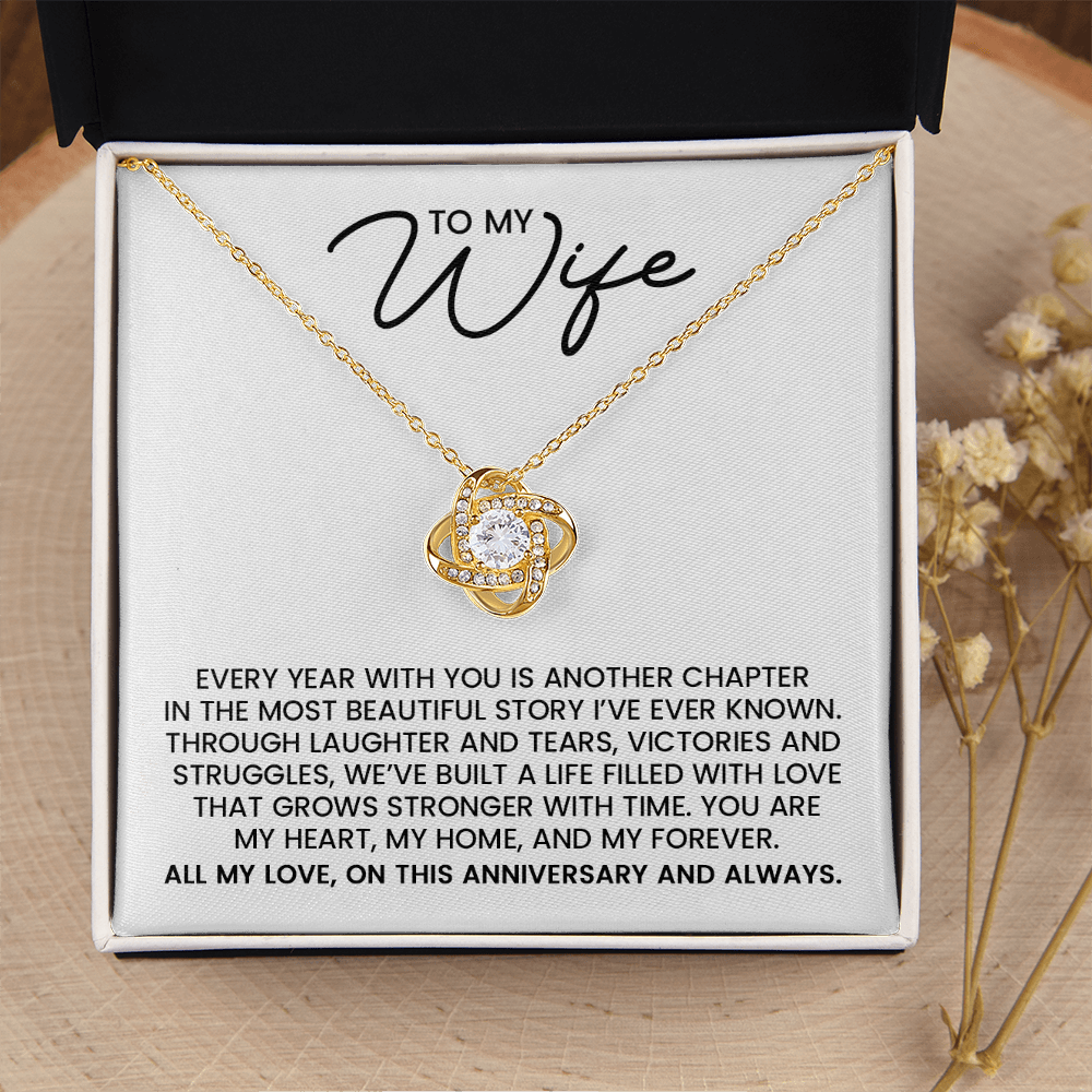 To My Wife Anniversary Gift - Love Knot Gold Pendant Necklace With Heartfelt Message Card