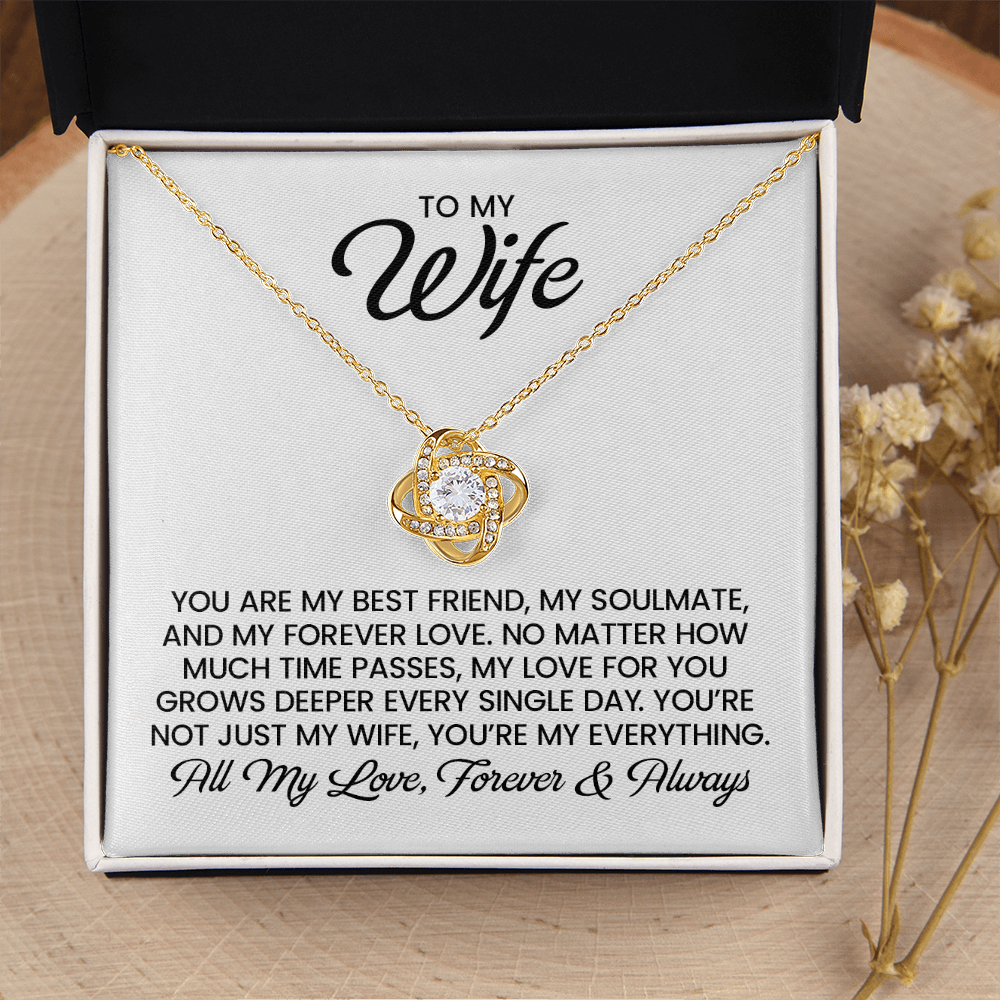 Wife Gift For Christmas, Anniversary, Birthday - Love Knot Gold Pendant Necklace With Heartfelt Message Card