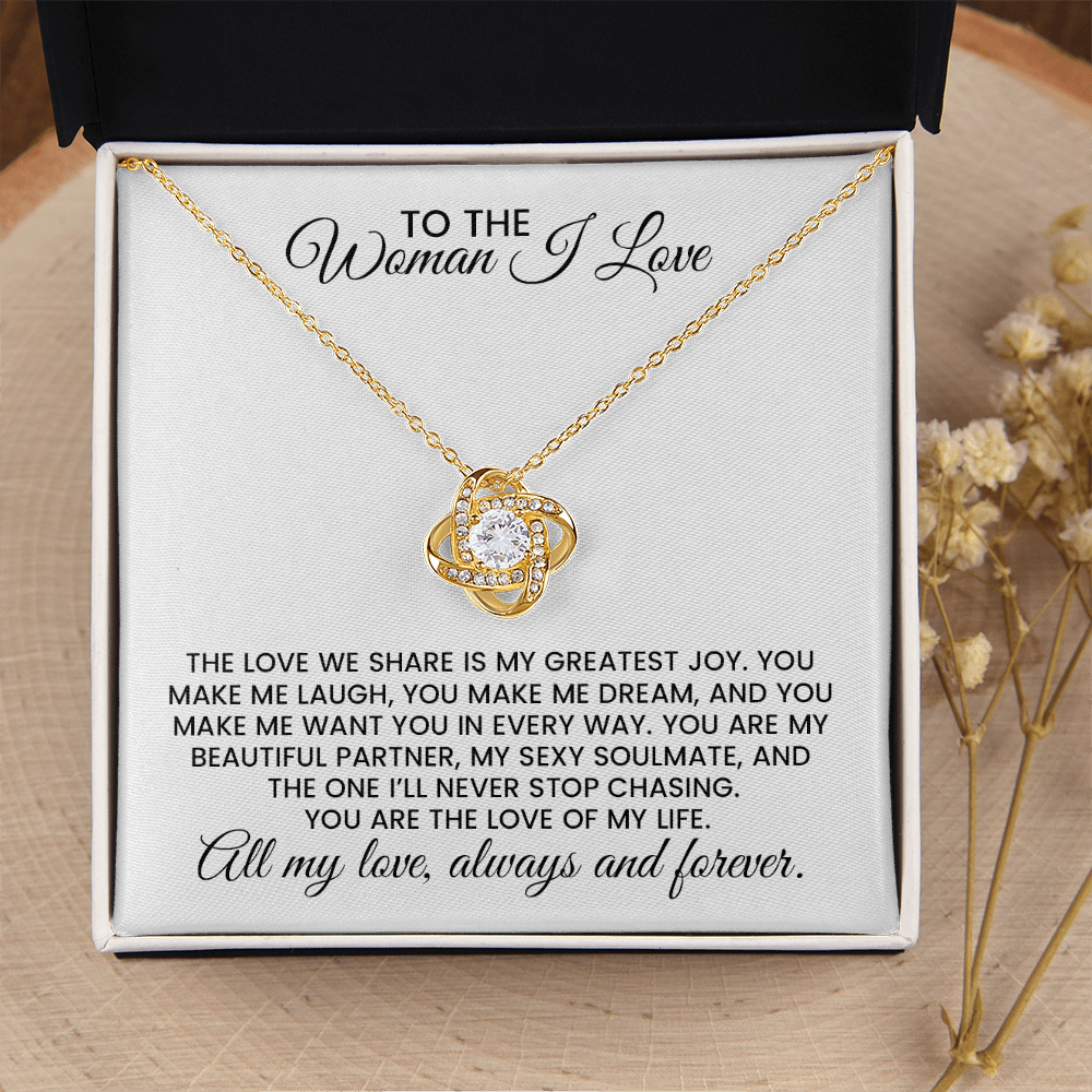 Woman I Love Christmas, Anniversary, Birthday Gift For Wife, Girlfriend, Soulmate - Love Knot Gold Pendant Necklace With Heartfelt Message Card