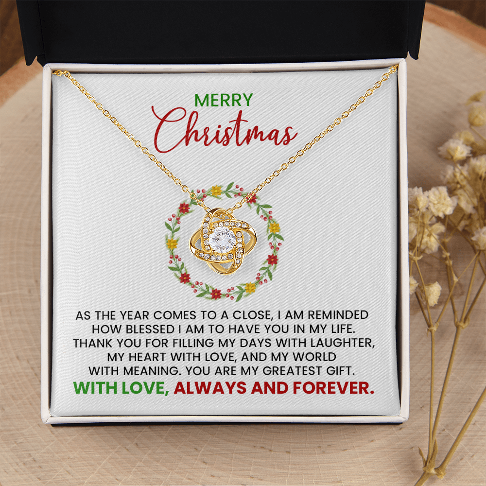 Merry Christmas Wife, Girlfriend, Soulmate Love Knot Gold Pendant Necklace With Heartfelt Message Card