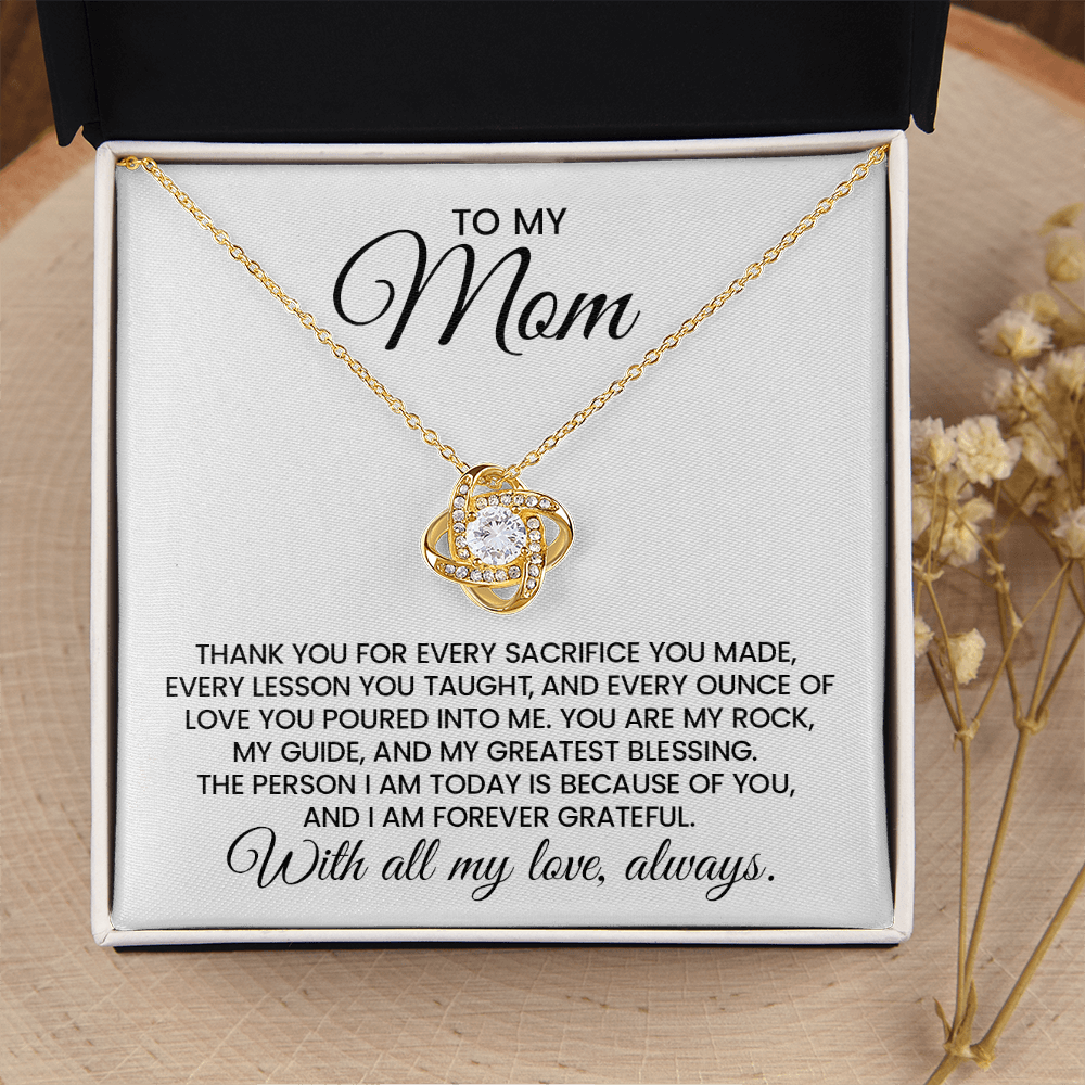 To My Mom Gift For Christmas, Birthday, Mother's Day - Love Knot Gold Pendant Necklace With Heartfelt Message Card