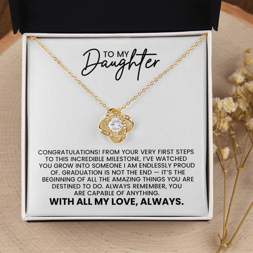 Daughter High School College Graduation, New Job, Special Achievement Gift - Love Knot Gold Pendant Necklace With Heartfelt Message Card