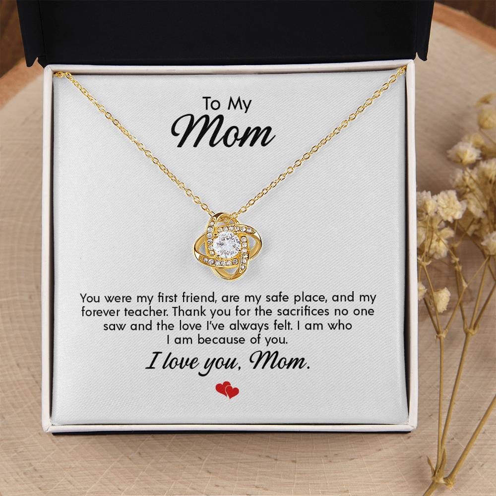 To My Mom - Birthday, Christmas, Special Occasion Gold Love Knot Pendant Necklace With Heartfelt Message Card