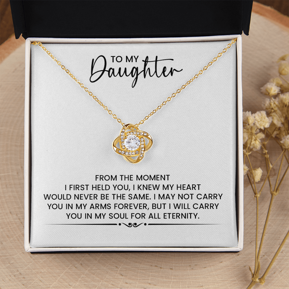 To My Daughter Gift For Christmas, Birthday, Graduation - Love Knot Gold Pendant Necklace With Heartfelt Message Card