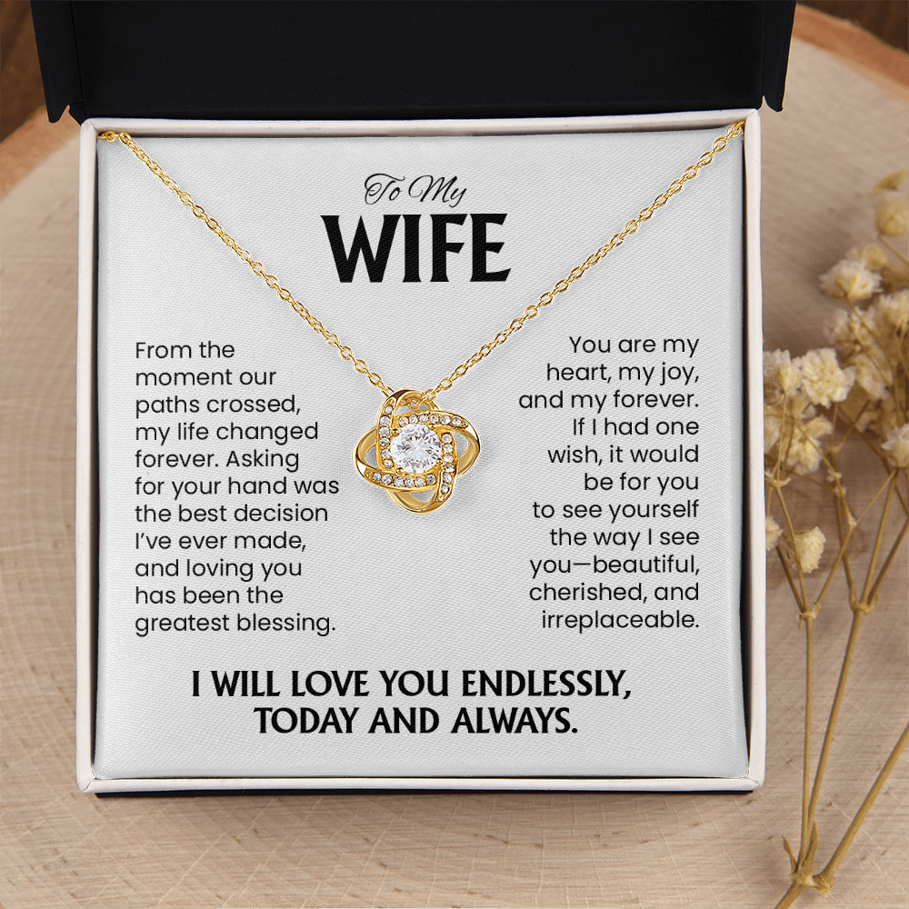 To My Wife Christmas, Anniversary, Birthday Gift - Love Knot Gold Pendant Necklace With Heartfelt Message Card